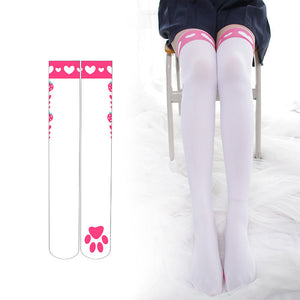 Strawberry Cat Paw Print Thigh Stockings
